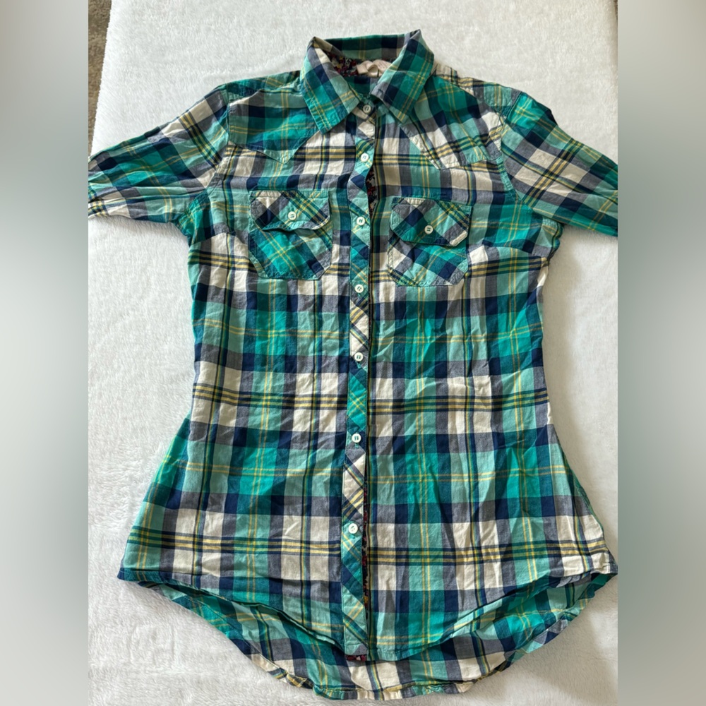 Green and blue button up top from Red Camal